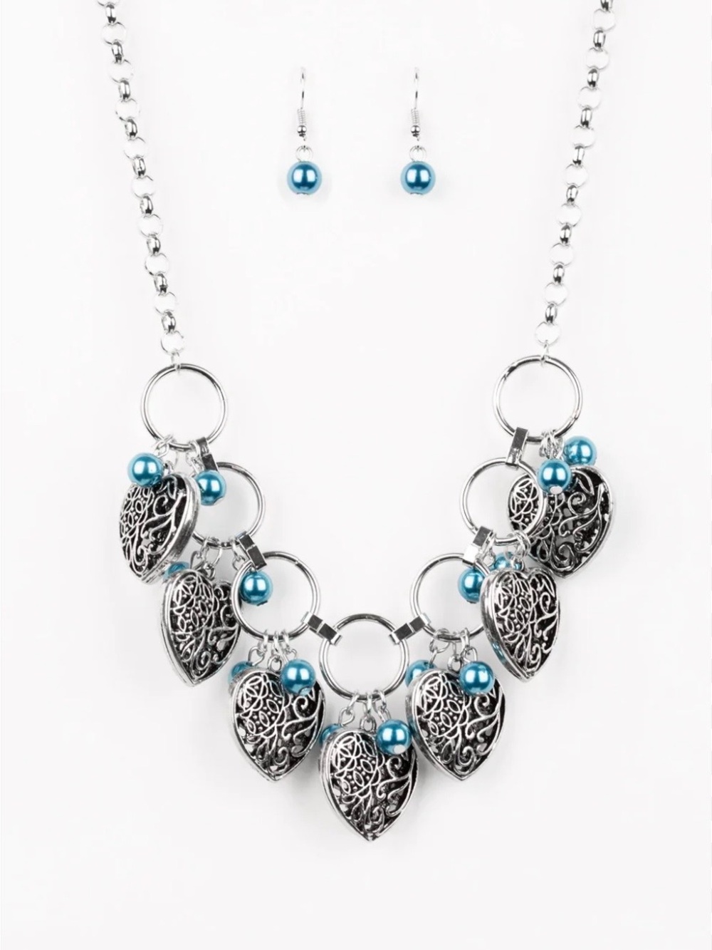 paparazzi Silver Filigree Heart Necklace with Blue Bead Charms